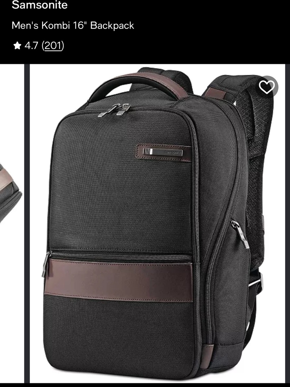 Samsonite Black Backpack with Brown Trim - Men's Kombi 16"